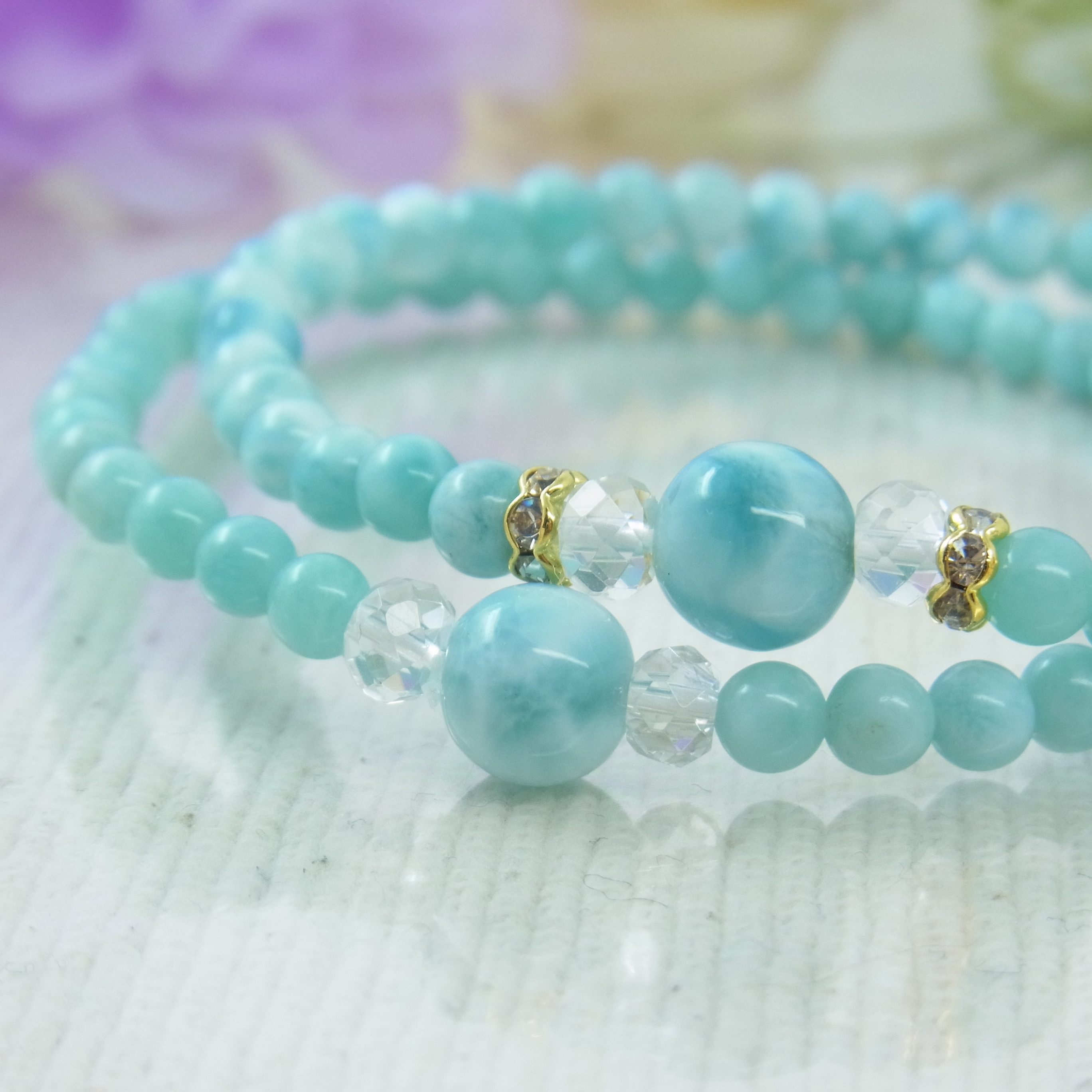 ♡ラリマー＆小粒ラリマー♡華奢で細見♡夏のブルー♡癒し♡軽やか♡フェミニン♡天然石ブレスレット♡パワー・ストーン♡H67