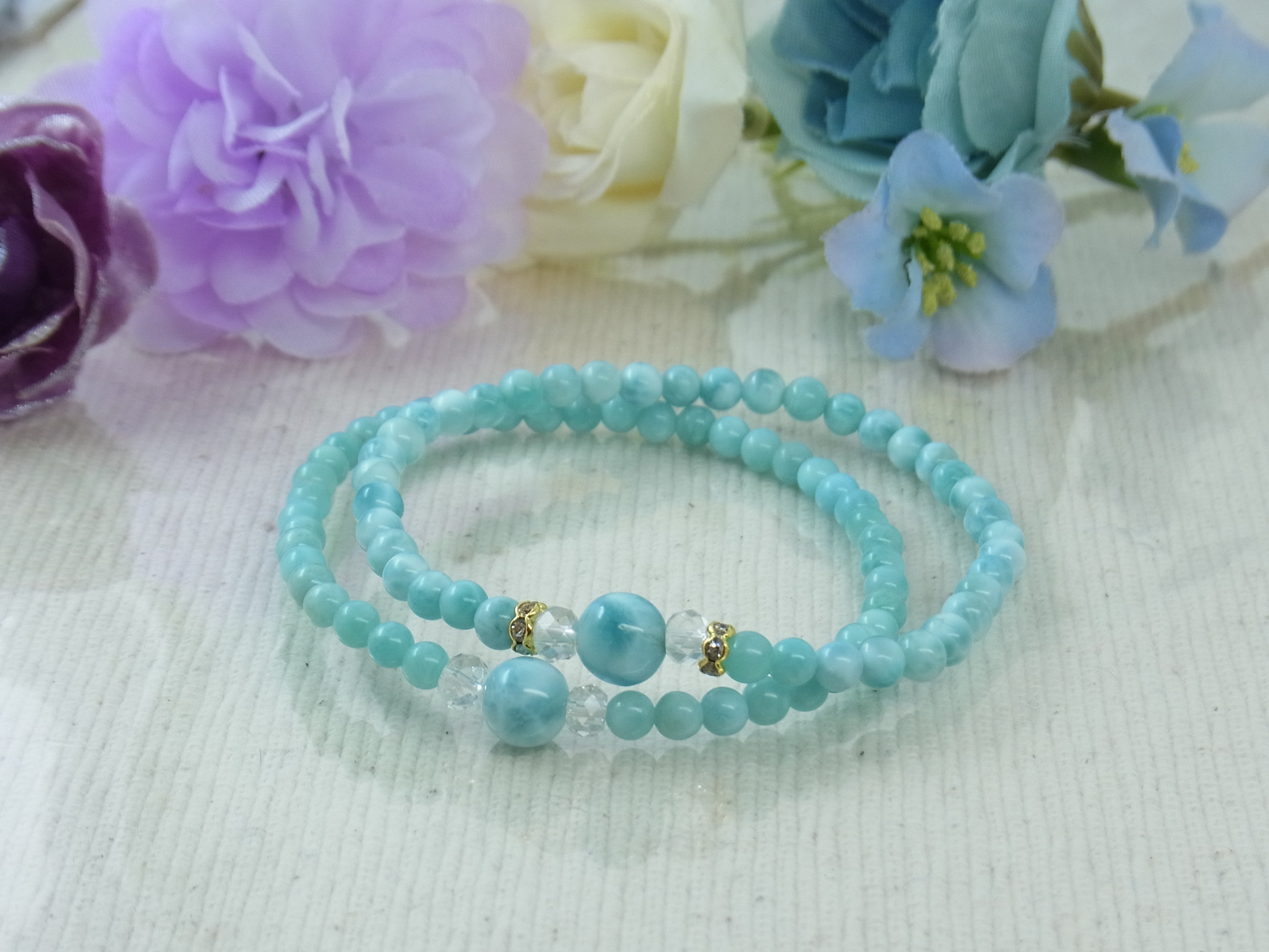♡ラリマー＆小粒ラリマー♡華奢で細見♡夏のブルー♡癒し♡軽やか♡フェミニン♡天然石ブレスレット♡パワー・ストーン♡H67