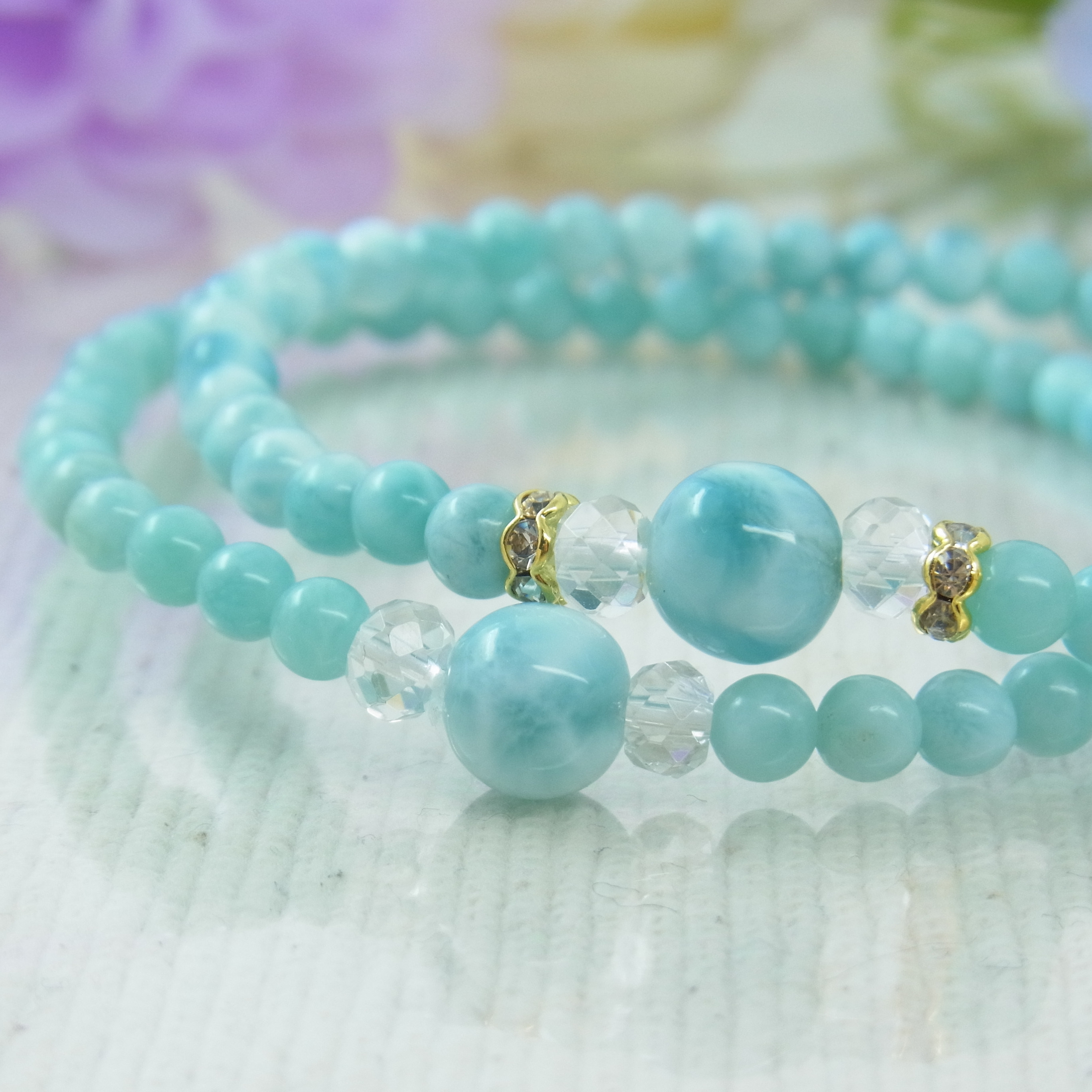 ♡ラリマー＆小粒ラリマー♡華奢で細見♡夏のブルー♡癒し♡軽やか♡フェミニン♡天然石ブレスレット♡パワー・ストーン♡H67