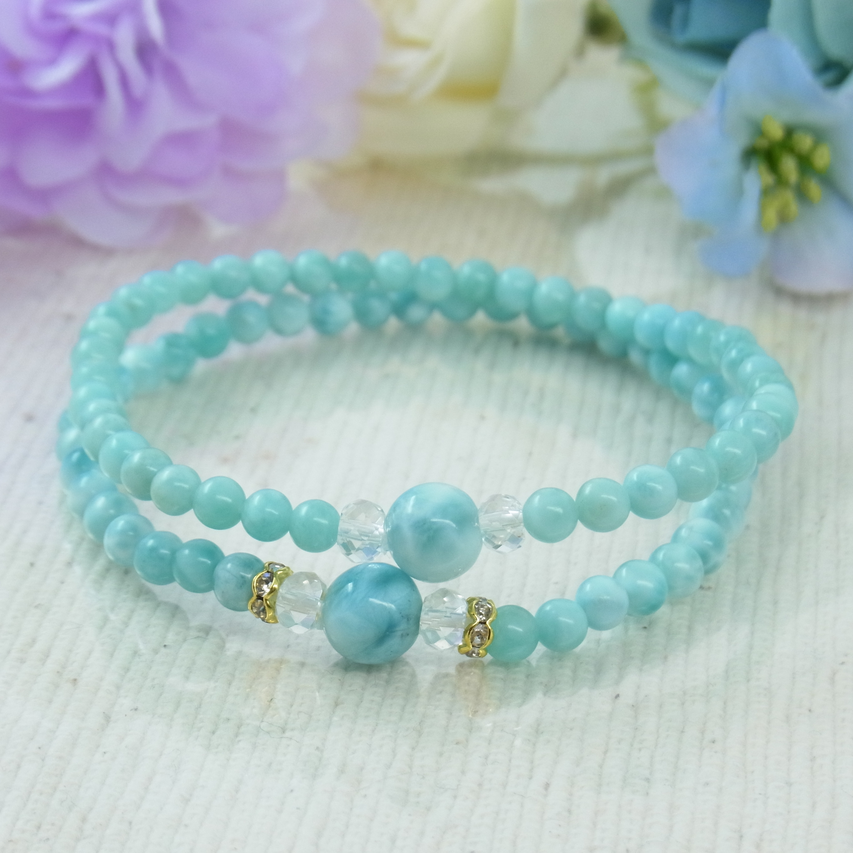 ♡ラリマー＆小粒ラリマー♡華奢で細見♡夏のブルー♡癒し♡軽やか♡フェミニン♡天然石ブレスレット♡パワー・ストーン♡H67