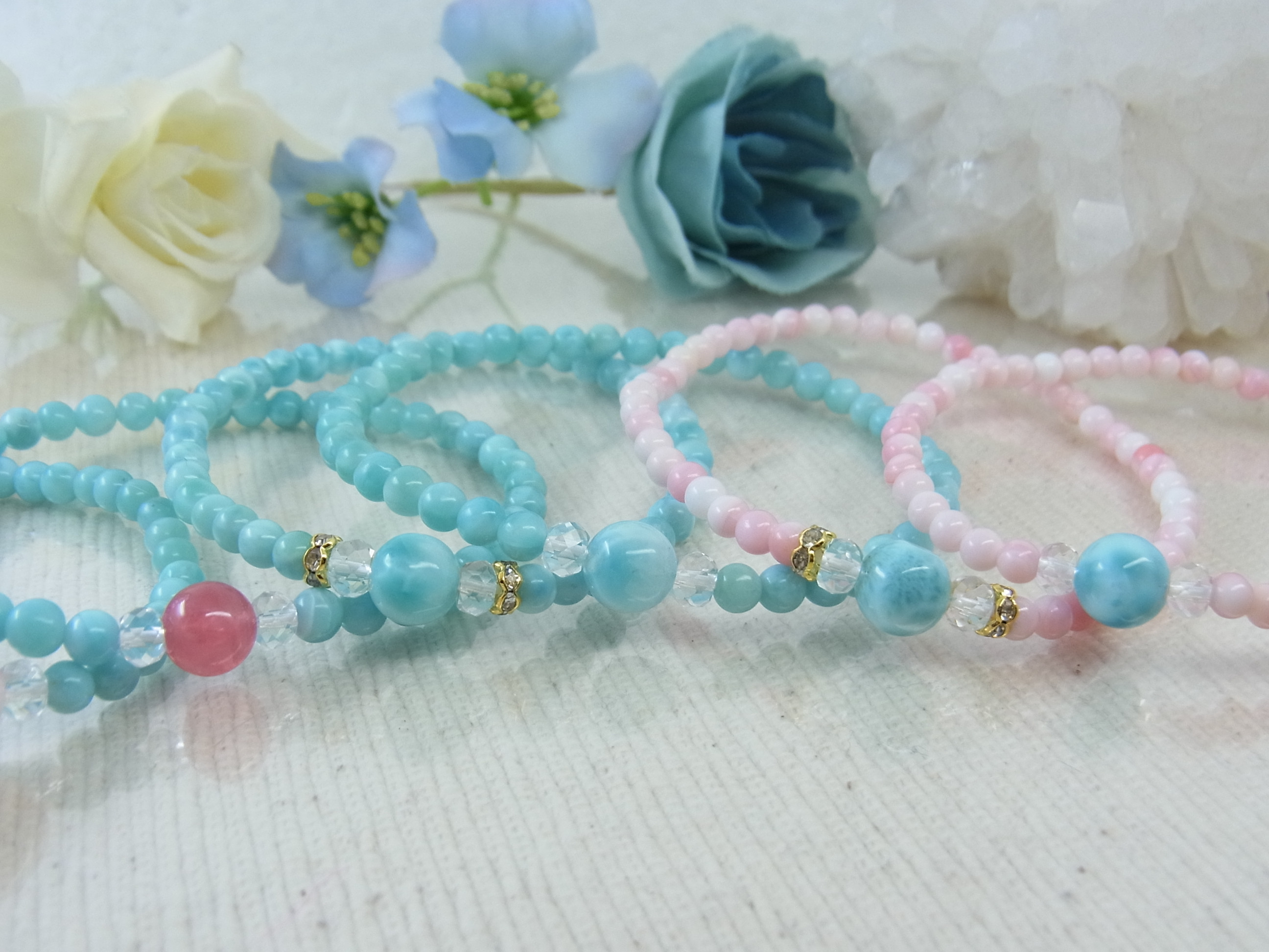 ♡ラリマー＆小粒ラリマー♡華奢で細見♡夏のブルー♡癒し♡軽やか♡フェミニン♡天然石ブレスレット♡パワー・ストーン♡H67