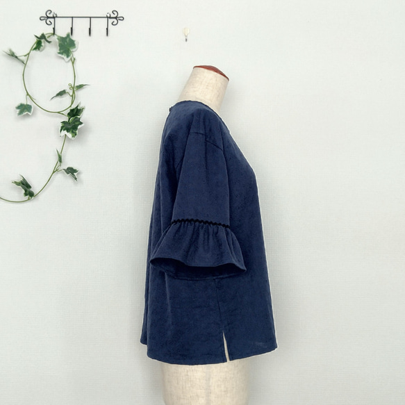 【送料無料】紺刺繍ダブルガーゼフリル袖ブラウス 4枚目の画像