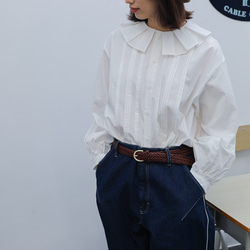 クリームホワイトプリーツラフカラールーズオーバーサイズコットンシャツ M-4XL 2枚目の画像