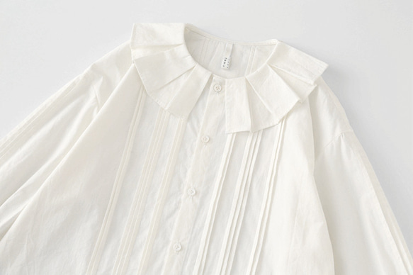 奶油白色 壓褶拉夫領 寬松大碼棉襯衫 M-4XL 第8張的照片