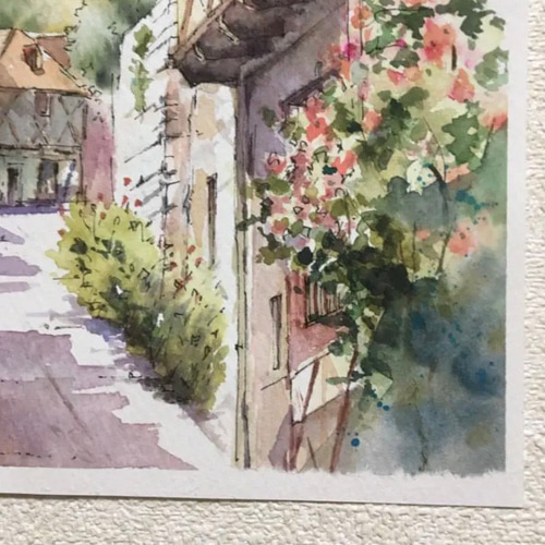 水彩画　南フランス　風景画 134）原画 南フランスの小さな村 水彩画 風景画 絵画 マグリット