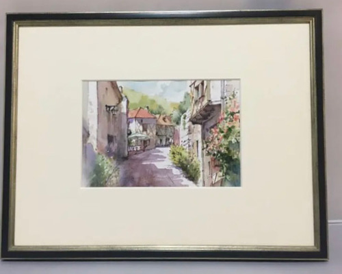 もも様リクエスト　南仏風景2点　水彩画、原画、風景画、絵画 120）原画 南フランスの街並み 水彩画 風景画 絵画 マグリット