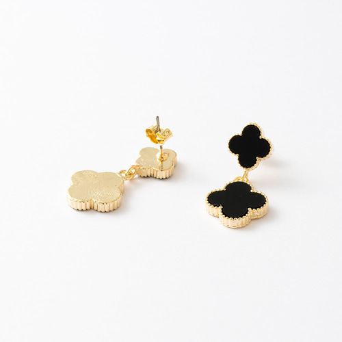 クローバー 2連 ピアス【10mm×15mm】ブラック×ゴールド オニキス