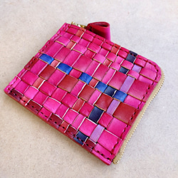 一点物】手編み/総手縫い/手染め ヌメ革 L字ファスナー短財布 薄マチ