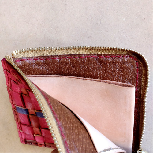 一点物】手編み/総手縫い/手染め ヌメ革 L字ファスナー短財布 薄マチ