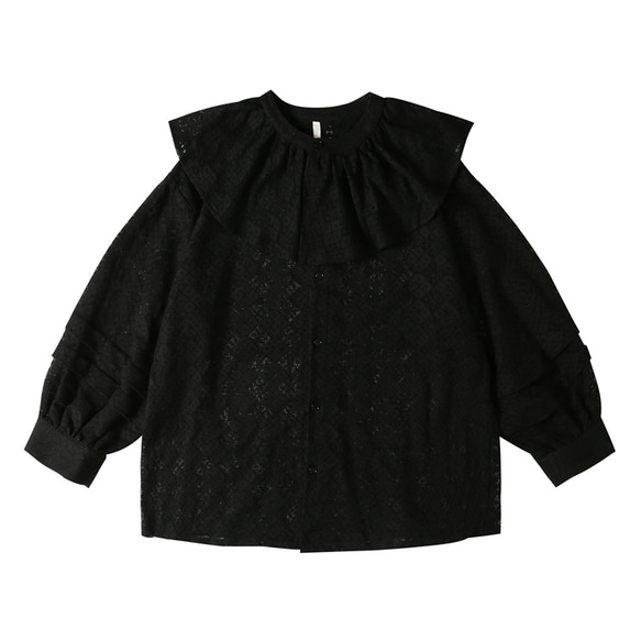 黑色 日系提花蕾絲襯衫 復古款寬松 圍領上衣 蕾絲衫 M-4XL 第19張的照片