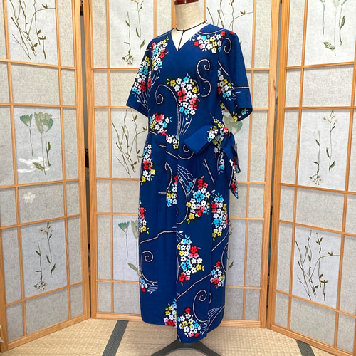 ☆浴衣リメイク☆ カシュクールワンピース (半袖／ネイビー