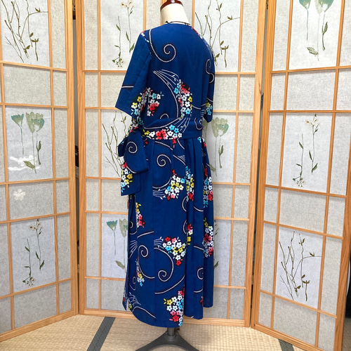 ☆浴衣リメイク☆ カシュクールワンピース (半袖／ネイビー