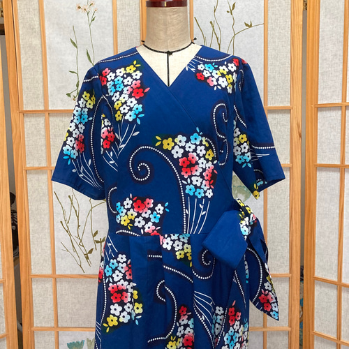 ☆浴衣リメイク☆ カシュクールワンピース (半袖／ネイビー