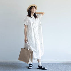 米白色 復古不規則點點印花洋裝  純棉 壓邊半袖寬松連衣裙 第5張的照片