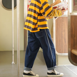 黃色條紋 韓國拉毛軟質古著全棉針織長袖T恤 假兩件衛衣 第5張的照片