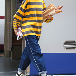 黃色條紋 韓國拉毛軟質古著全棉針織長袖T恤 假兩件衛衣 第2張的照片