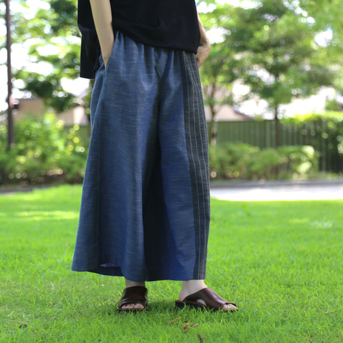 会津木綿　ハンドメイド　ワイドパンツ 会津木綿のワイドパンツ*若草色*Mサイズ ロングパンツ petitpom