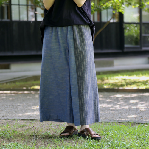 会津木綿　ハンドメイド　ワイドパンツ 会津木綿のワイドパンツ*若草色*Mサイズ ロングパンツ petitpom