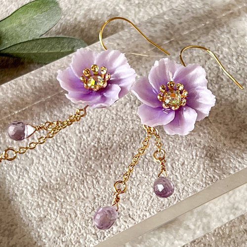 クレマチスと天然石アメジストが輝くアクセサリー【金属アレルギー対応