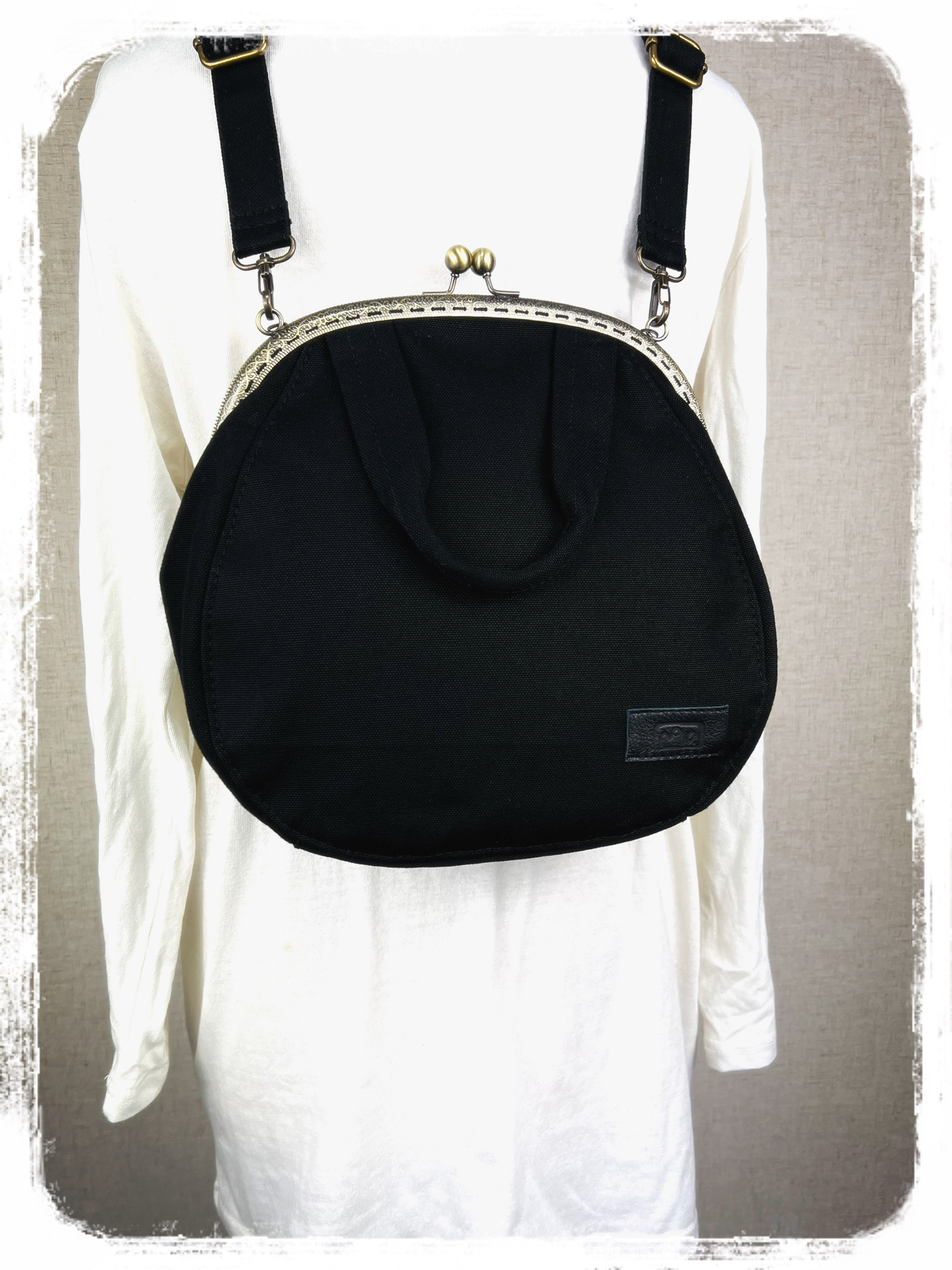 63.受注制作.送料込 　3waybag　黒25cmがま口リュック&ショルダー ＆ボストン