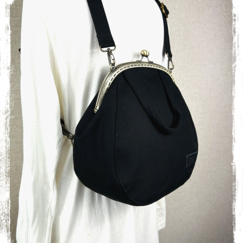 63.受注制作.送料込 3waybag 黒25cmがま口リュック&ショルダー