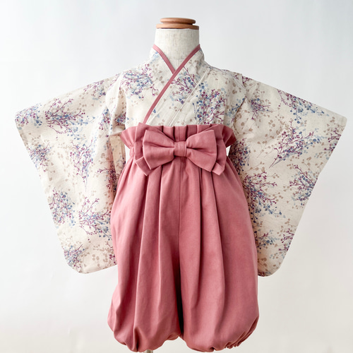 ベビー袴 かすみ草キナリ×ローズピンク 70/80 ベビー服 KANA
