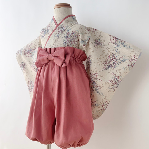 ベビー袴 かすみ草キナリ×ローズピンク 70/80 ベビー服 KANA