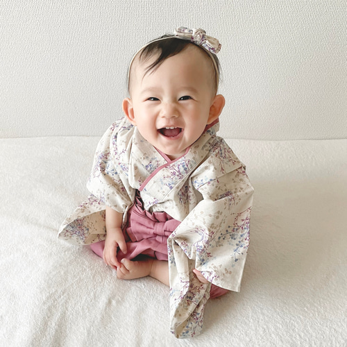 【naana】ベビー袴　ハンドメイド　フラワーブーケ×ベビーピンク ベビー袴 花柄刺繍ピンク× アイボリー 70/80 ベビー服 KANA KANA