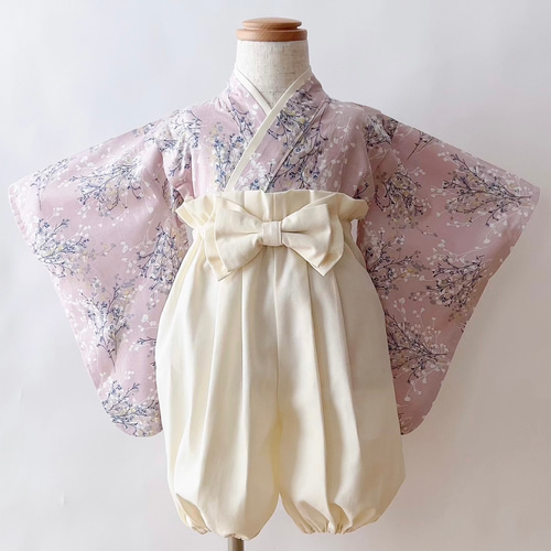 ベビー袴 キナリかすみ草×くすみピンク 70/80 ベビー服 KANA