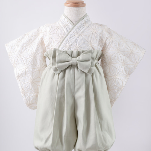 ベビー袴 麻の葉刺繍ホワイト×グリーンティー 70/80 ベビー服 KANA