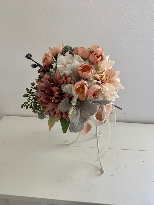 ウエディングブーケ　ブートニア　SET  クラッチブーケ　造花　モーブピンク アンティーク 5枚目の画像