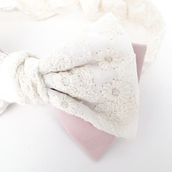 ダブルリボンヘアバンド 小花刺繍ホワイト×くすみピンク S/M/L 3枚目の画像