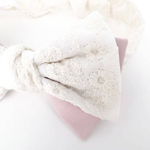 ダブルリボンヘアバンド 小花刺繍ホワイト×くすみピンク S/M/L 3枚目の画像
