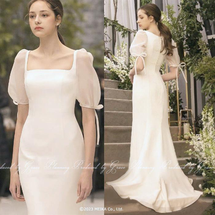 二次会ドレス 前撮り C282　マーメイドラウンドネックパフスリーブ 結婚式