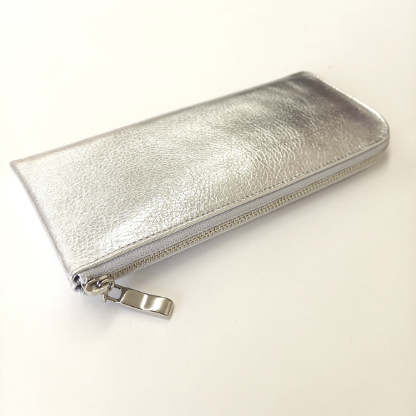 スリムで軽く大容量な長財布（シルバー）カード入れは14か所！牛革 自然なシュリンク【かわつむ】薄い L字 レディース 皮 4枚目の画像