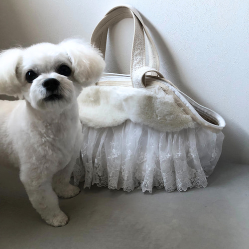 他にないデザイン！】ペット用キャリーバッグ 刺繍レース 白 肩掛け