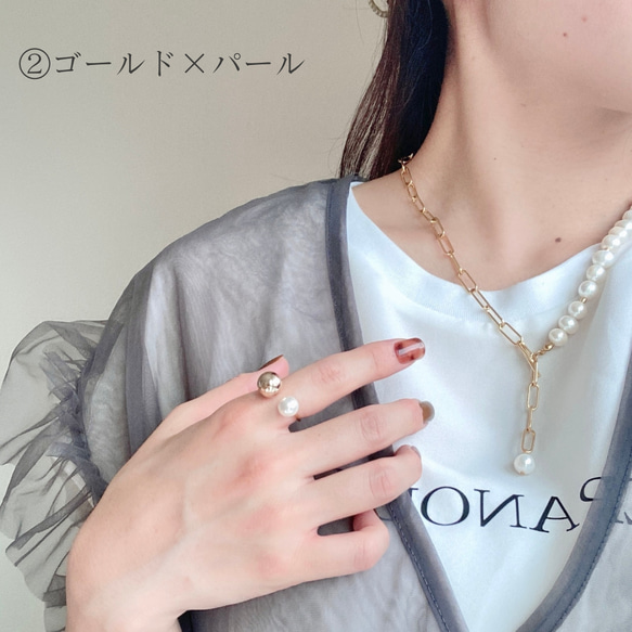 バイカラーフォークリング(パール or シルバー) | 金属アレルギー対応　サージカルステンレス　ボールリング 8枚目の画像