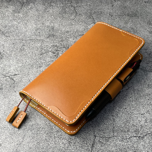 手縫】ほぼ日手帳weeks通常版とMEGA兼用キャメル本革カバー（角花飾）2