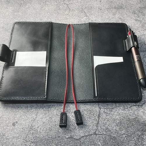 手縫】ほぼ日手帳weeks通常版とMEGA兼用ブラック黒本革カバー（角花飾