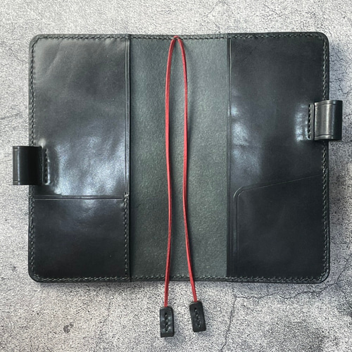 手縫】ほぼ日手帳weeks通常版とMEGA兼用ブラック黒本革カバー（角花飾