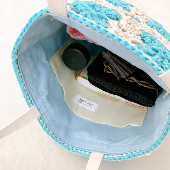 Creema限定⭐︎世界にひとつだけ 【大人の夏バッグ】クリームソーダ透かし模様の上品透かし編みバッグ 9枚目の画像