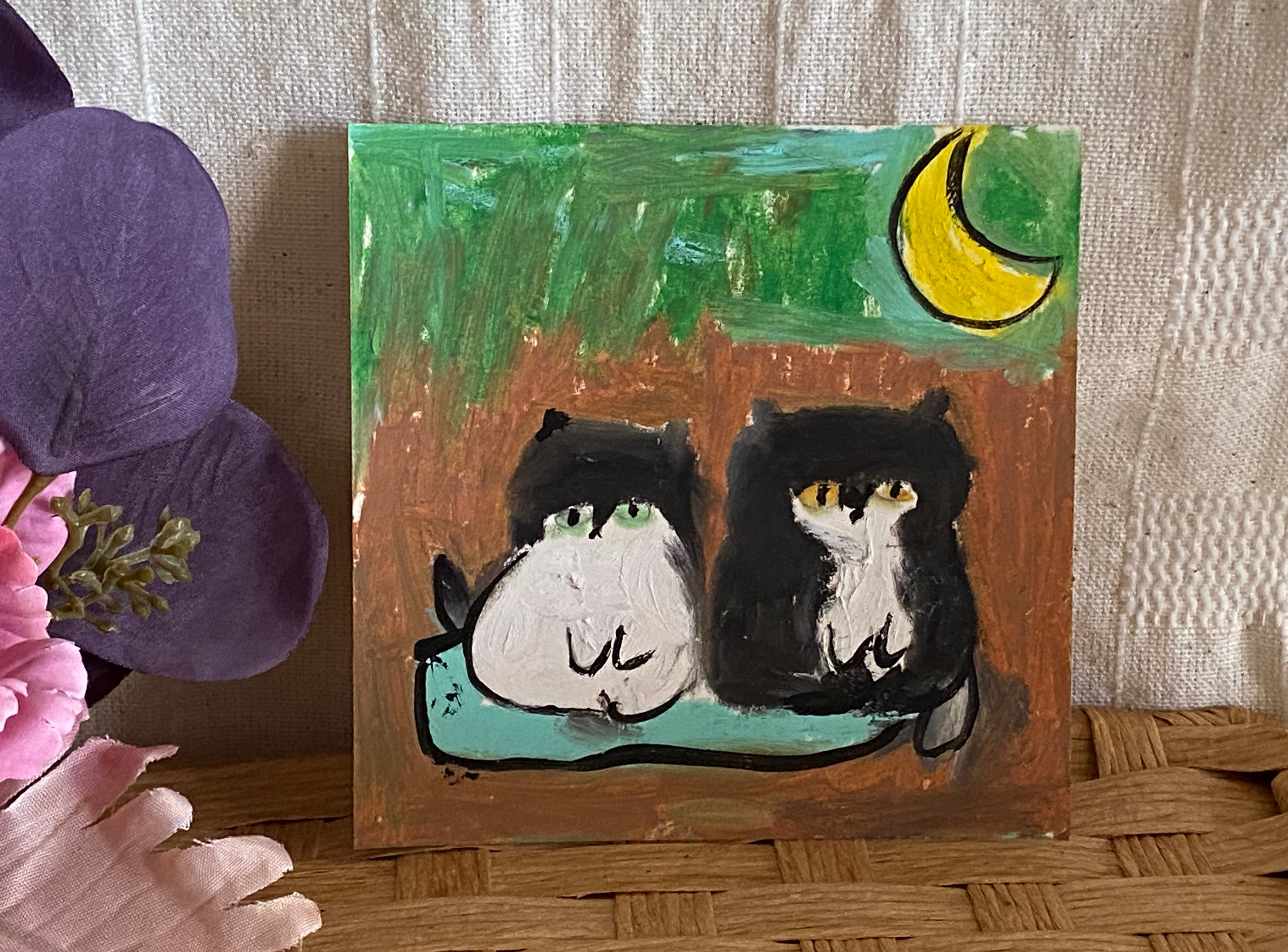 絵画 。壁掛け絵手描き【猫たちのデートの中で素敵なこと】