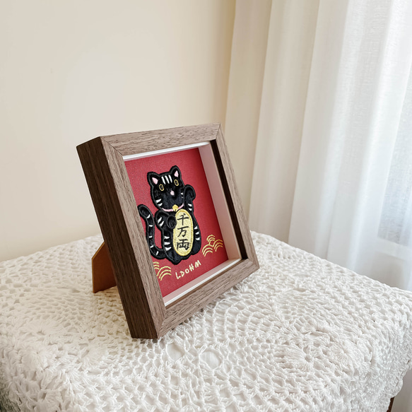 【招財貓】白花紋黑貓 刺繡畫|實木框|附包裝 第5張的照片