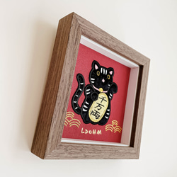【招財貓】白花紋黑貓 刺繡畫|實木框|附包裝 第3張的照片