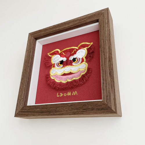 縁起の良い獅子舞】広東省獅子舞刺繍画｜無垢材フレーム フォト