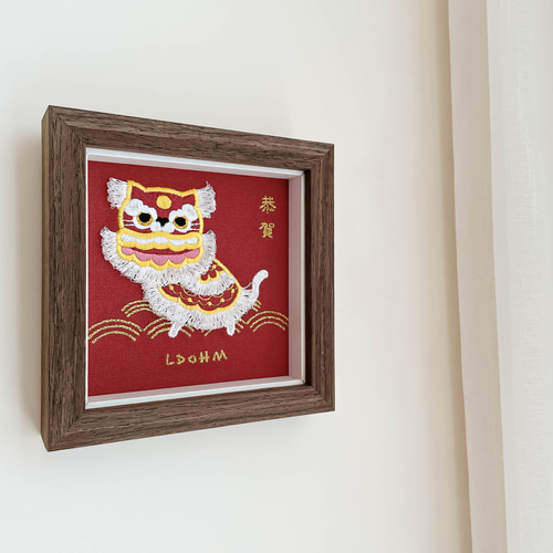 猫獅子舞】広東獅子舞刺繍画｜無垢材フレーム フォトフレーム・写真