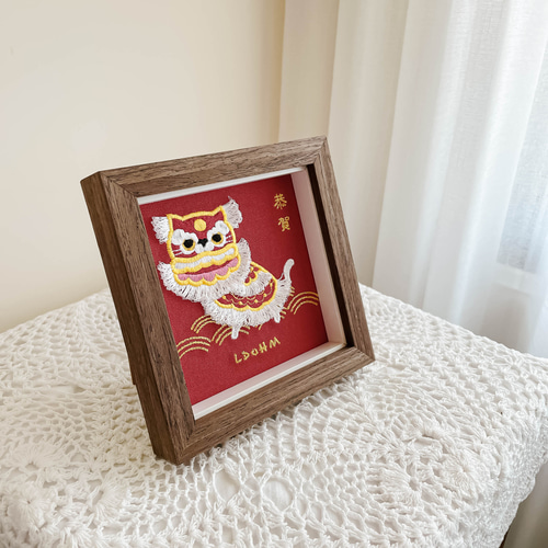 猫獅子舞】広東獅子舞刺繍画｜無垢材フレーム フォトフレーム・写真