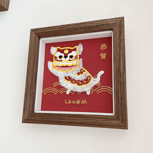 猫獅子舞】広東獅子舞刺繍画｜無垢材フレーム フォトフレーム・写真