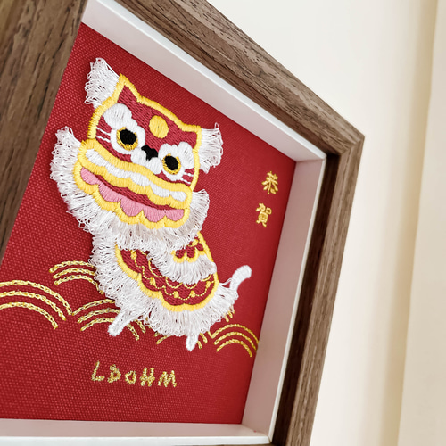 猫獅子舞】広東獅子舞刺繍画｜無垢材フレーム フォトフレーム・写真