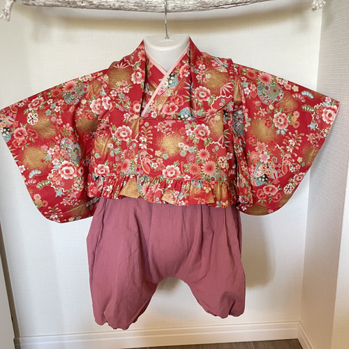 ベビー袴　ベビー着物　ハンドメイド　和柄　袴　着物　和装　被布ベスト　桜　花柄